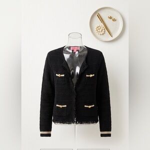 Lilly Pulitzer Black Crochet Knit Fringe Cardigan Jacket Gold Button